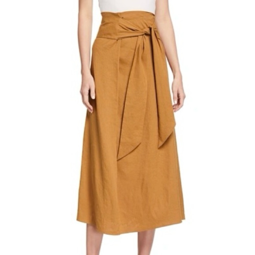 Vince Tie-front Linen Midi Length Wrap Skirt in Mosswood Golden Brown Size 14